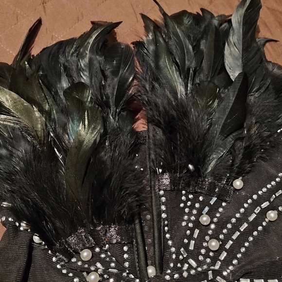 Elegant Real Feather Embellished Black Mesh & Polyester Dress Sz S - Picture 13 of 16
